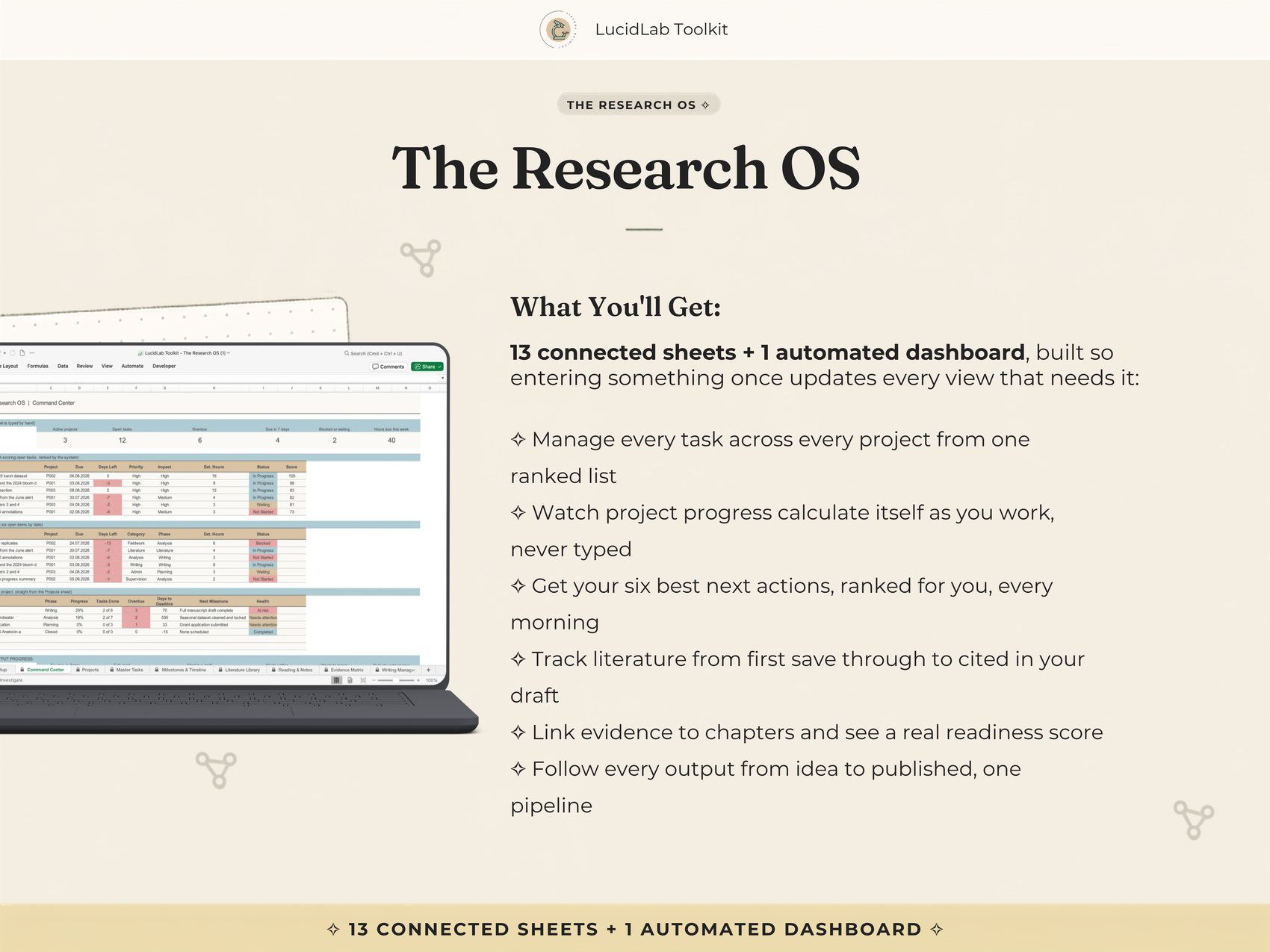 What you'll get: thirteen connected sheets and one automated dashboard, listed